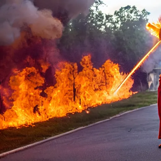 Prompt: photo of a clown using a flamethrower projecting a long bright flame towards a dumpster fire