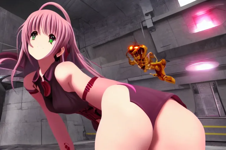 Image similar to an anime girl in a screenshot of the video game doom, the anime girl is crouching