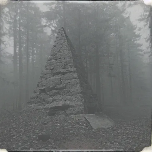 Image similar to a stone pyramid in the middle of a forest clearing, foggy, eerie, creepy, unsettling, lost footage, old polaroid, expired film,