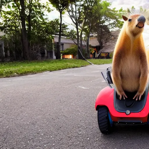 Image similar to photograph of a capybara riding a flaming segway