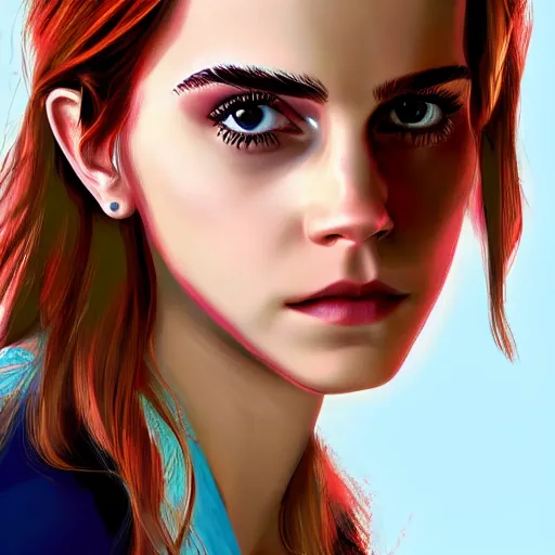 Image similar to portrait of emma watson staring at you, beautiful, long hair, eye contact, high detail, vivid colors, navy background, artstation