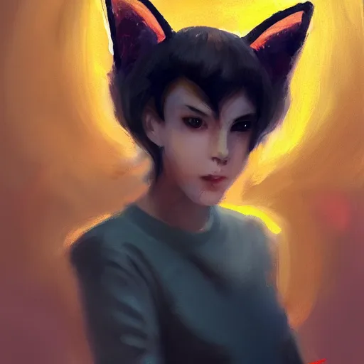 Prompt: Girl with cat ears painting, expressive oil painting, matte art, digital art, trending on artstation, anime style, beautiful lighting, atmospheric, skateboard