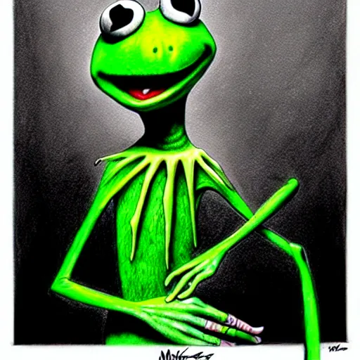 Image similar to michael karcz grunge cartoon drawing of kermit the frog. , in the style of corpse bride, loony toons style, horror themed, detailed, elegant, intricate