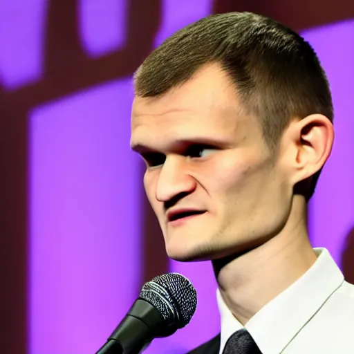 Prompt: giga chad vitalik buterin wearing a suit presenting at a conference, muscular, Canon EOS