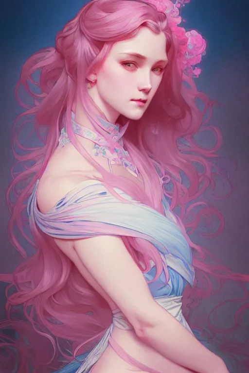 Image similar to beautiful pink blue, dark fantasy, intricate, elegant, highly detailed, digital painting, artstation, concept art, matte, sharp focus, illustration, art by artgerm and alphonse mucha