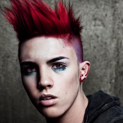 Image similar to young man with a short red dyed mohawk, red eyes and a slim face, dressed in punk clothing, headshot photo, attractive, handsome, in color, no makeup, model