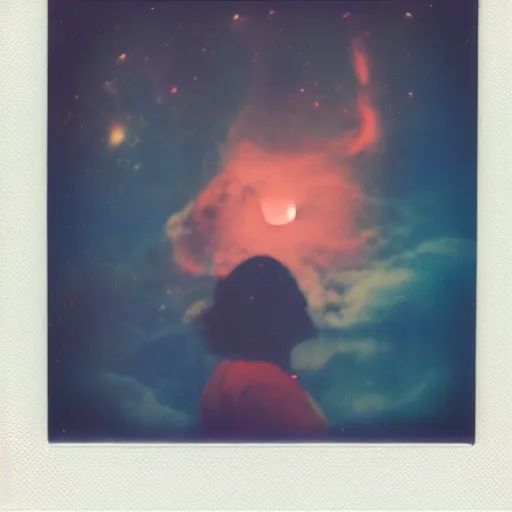 Image similar to vintage polaroid of a woman floating in deep space, detailed clouds, nebula, planets, galaxies, warm azure tones, red color bleed, film grain