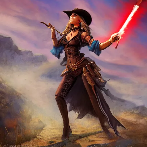 Image similar to Fantasy digital art for magic the gathering card, action shot of a wild west witch with a revolver firing out a red magical spell. Background has wild west scenery behind her at night.