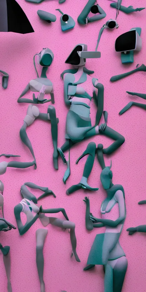 Image similar to 3d matte render, VR goggles, mannequins, dj rave party, Hsiao-Ron Cheng, pastel colors, hyper-realism, pastel, polkadots, minimal, simplistic, amazing composition, vaporwave, wow, Gertrude Abercrombie, Beeple, minimalistic graffiti masterpiece, minimalism, 3d abstract render overlayed, black background, psychedelic therapy, trending on ArtStation, ink splatters, pen lines, incredible detail, creative, positive energy, happy, unique, negative space, pure imagination painted by artgerm