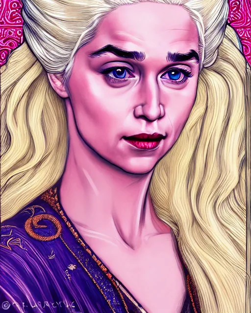 Image similar to closeup portrait happy beautiful daenerys targaryen with long blonde windblown hair in an ornate royal dress, standing on a street in chinatown, pink lipstick, glamour pose, detailed illustration, digital art, trending on artstation, arney freytag, frank miller, moebius, graffiti,