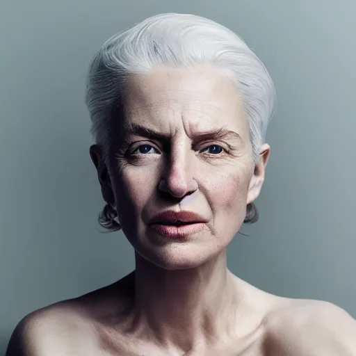 Image similar to cinematic photograph taken by annie leibovitz, hyper detailed, realistic female face and shoulders, white skin made from painted porcelain, white hair, fine facial features, white eyes and eyelashes, 8 k, 1 5 0 ml lens, elegant, white background pastel blue lighting, octane render, volumetric lighting