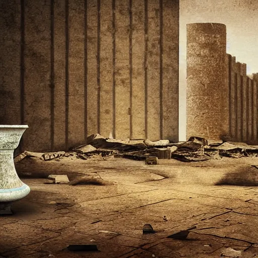 Image similar to a desolate abandoned destroyed city, featuring a mysterious vase covered in hieroglyphics, digital art