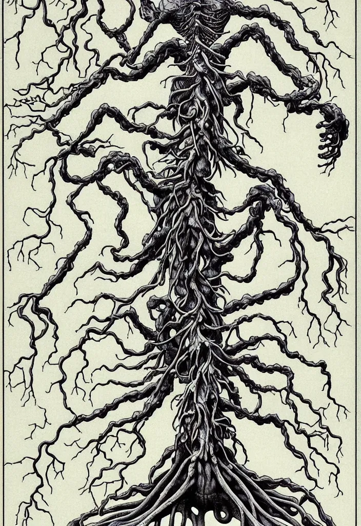 Image similar to prompt: anatomy dissection drawing of magical white skeleton Bonsai tree squid creature roots merging into big moon drawn by Takato Yamamoto, bonsai skeleton anatomy atlas, veins and organs attached to tree roots, alchemical objects inspired by 1980's sci-ci, intricate oil painting detail, manga 1980