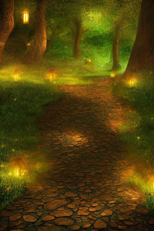 Prompt: a beautiful digital glossy clear sharp of a detailed fantasy fireflies forest trees roots mushrooms fireflies moonlight and iron gate cobblestone pathway vines ground fog by james gurney, 8 k resolution trending on artstation