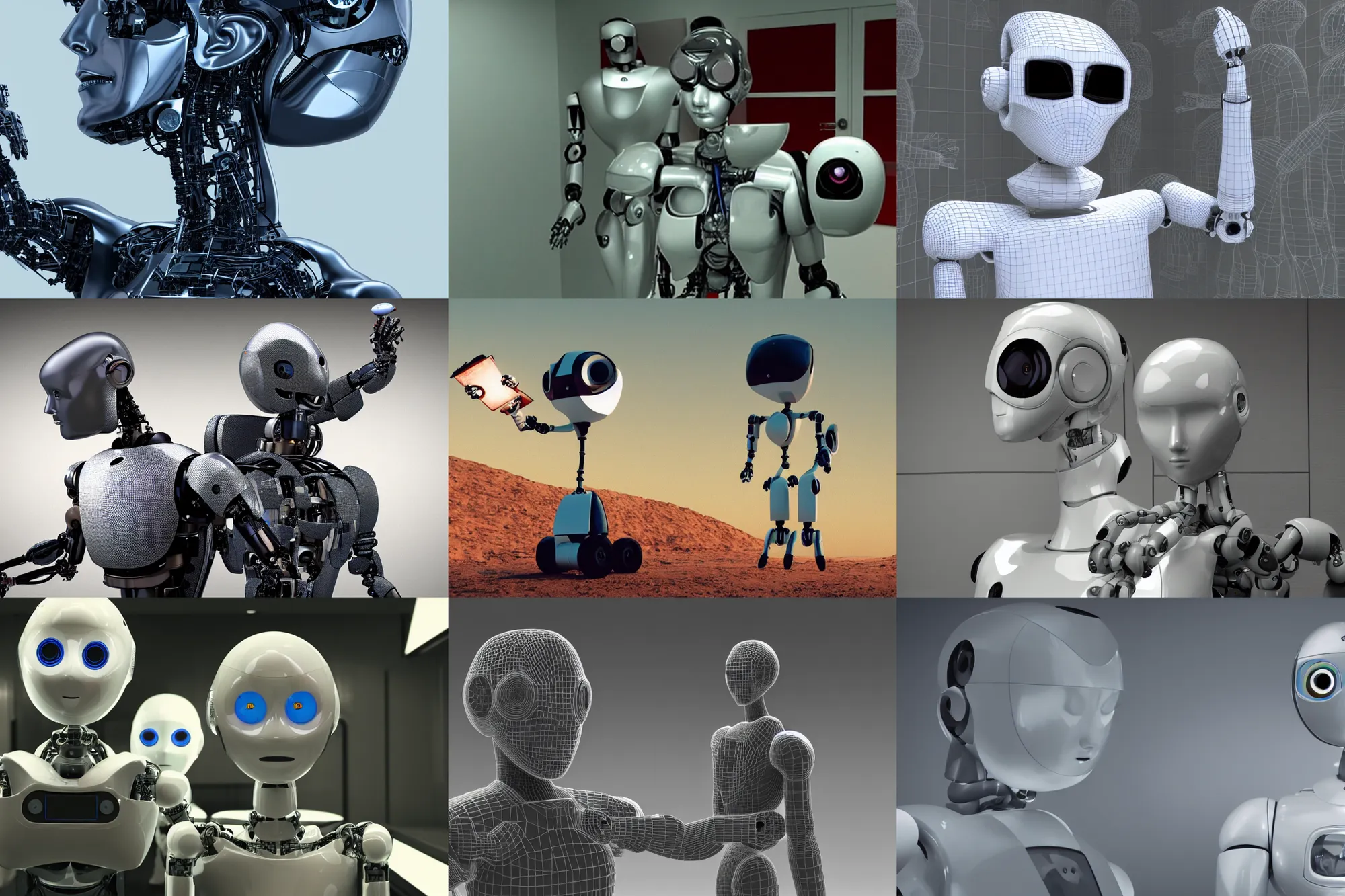 Prompt: a robot is confused at human irrationality, 3 d film, full frame, accurate portrayal