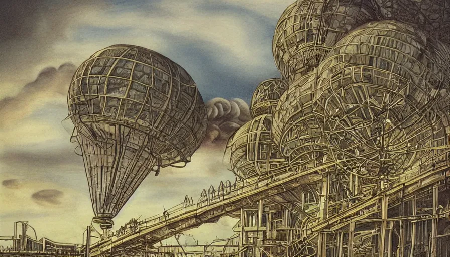 Image similar to an inflated stainless steel chrome gondola in the clouds, people are hanging by steel cables. Oil rigs in the sky. Intricate technical drawing. Colored pencil. Mammatus clouds. Ornate, brilliant, utopian, detailed, Golden ratio, solarpunk solarpunk solarpunk