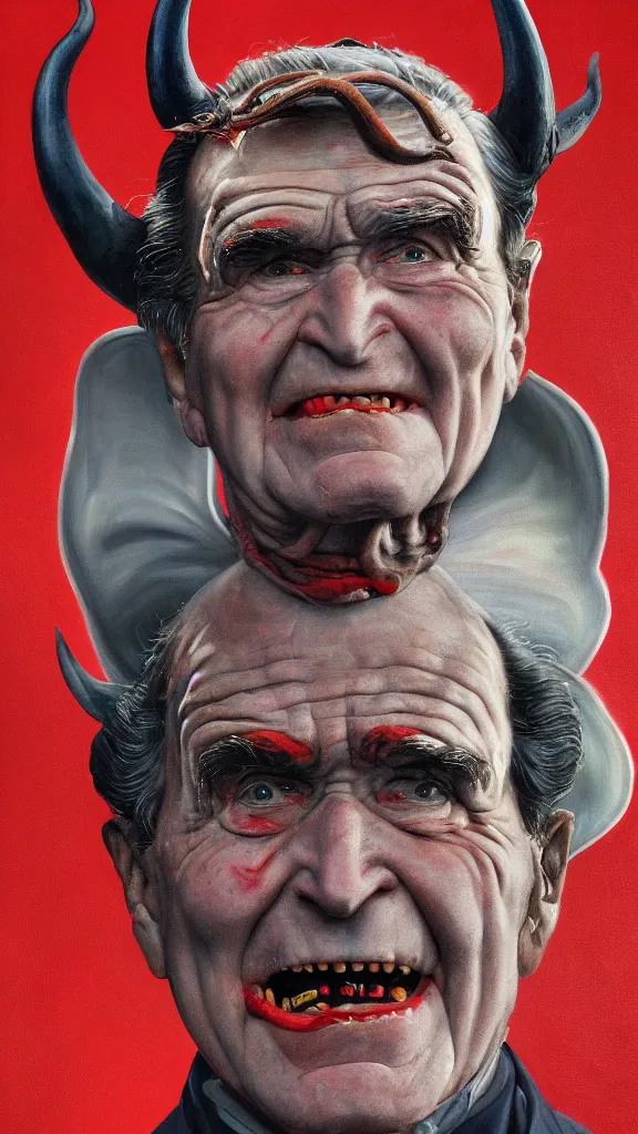 Image similar to demonic george hw bush with red horns, painting in the style of norman rockwell, 1 9 5 0 s, evil, satan, devil, demonic, demon, hyperrealistic, photorealistic, award - winning, 4 k, ultra hd, artstation, intricate, highly detailed, american, usa, dark, gritty