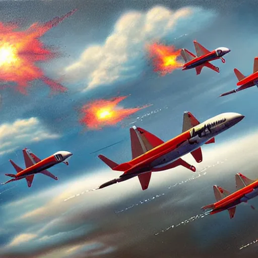 Image similar to a group of rockets taking off in the sky, realistic painting, high definition, digital art, matte painting, very detailed, realistic