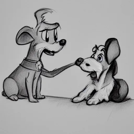 Image similar to milt kahl pencil sketch of happy mini schnauzer cartoon lady and the tramp style