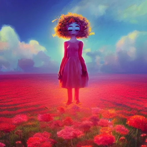 Image similar to face made of carnations flower, girl standing in a flower field, surreal photography, sunrise dramatic light, impressionist painting, colorful clouds, digital painting, artstation, simon stalenhag, flower face