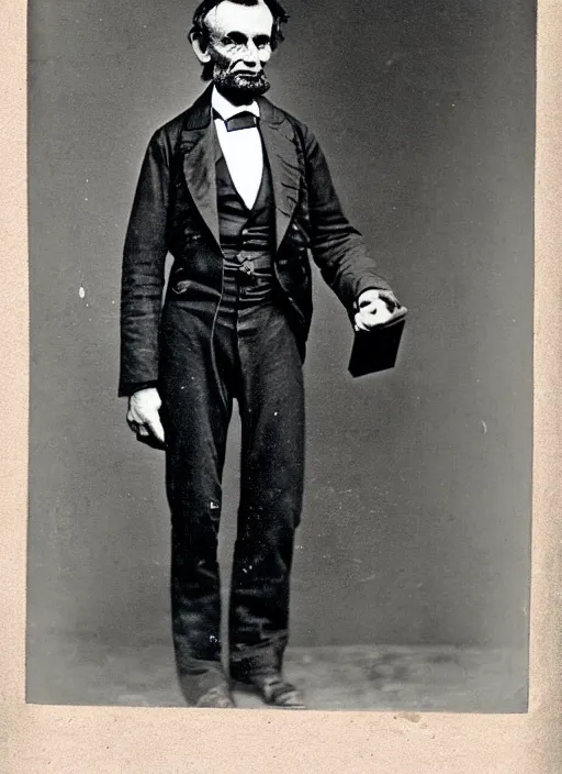Prompt: old photo of abraham lincoln wearing a t - shirt and jeans and holding a cell phone