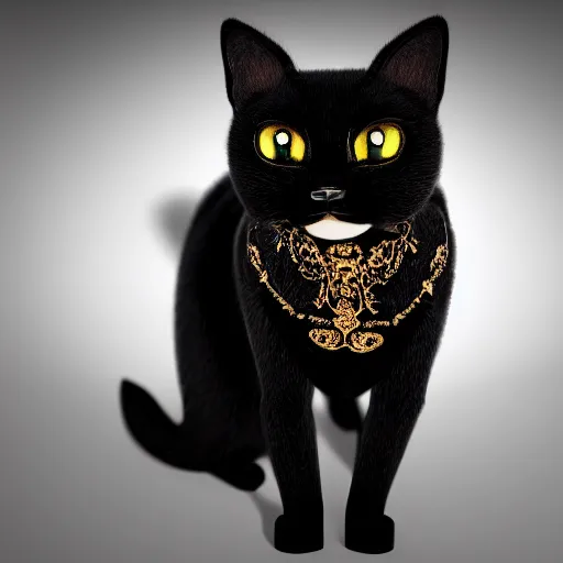 Image similar to a full-body shot of a black void cat with golden glowing eyes, fairytale, beautiful, intricate, elegant, ornate, super detailed, Octane render, reflections