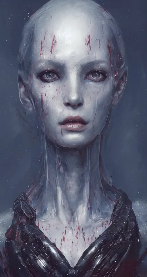 Prompt: A fancy portrait of an alien women by Greg Rutkowski, Sung Choi, Mitchell Mohrhauser, Maciej Kuciara, Johnson Ting, Maxim Verehin, Peter Konig, Bloodborne, 8k photorealistic, cinematic lighting, HD, high details, dramatic, dark atmosphere, trending on artstation