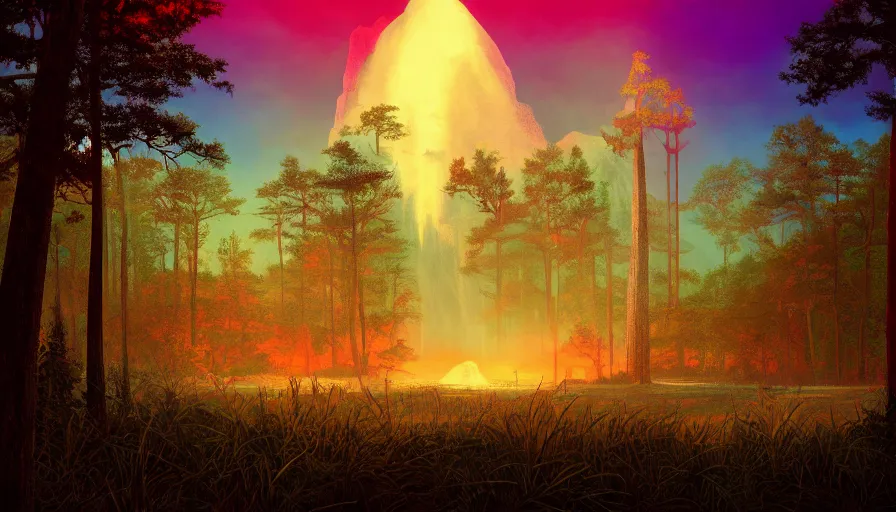 Prompt: a retrowave style artwork of alabama national park, a land of the dead, divine, hazy, volumetric lighting, spacetime bending, very detailed, serene, gold accents, washed out colors, beautiful artwork, master level composition, raytracing