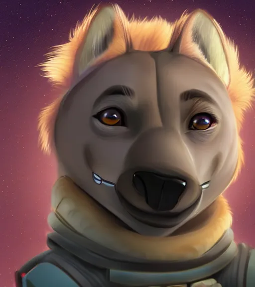 Image similar to digital detailed portrait of anthromorphic female hyena, in style of zootopia, fursona, furry, furaffinity, 4 k, deviantart, wearing astronaut outfit, in style of disney zootopia, floating in space, space background, in deep space, dark background, hyena fursona, cyberpunk, female, detailed face, style of artgerm,