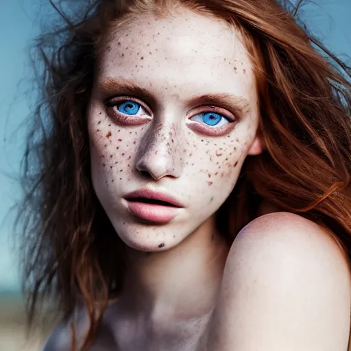 Image similar to a beautiful professional photograph for the cover of vogue magazine of a beautiful lightly freckled and unusually attractive female fashion model looking at the camera in a flirtatious way, zeiss 5 0 mm f 1. 8 lens