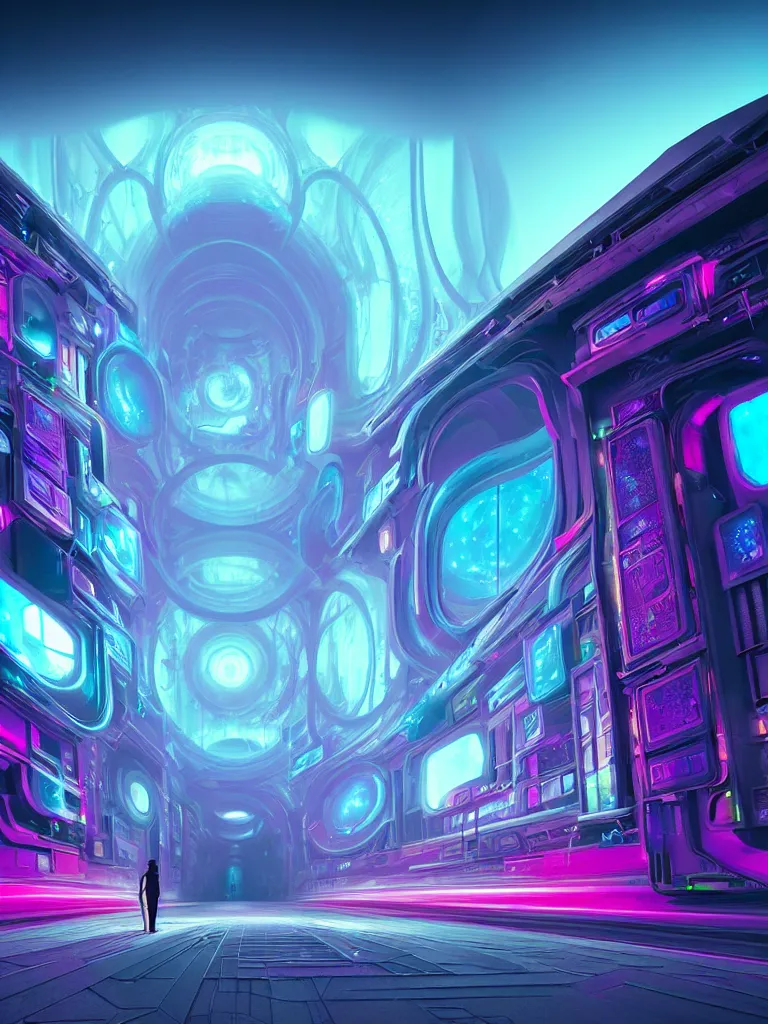 Image similar to entrance to mainframe ethereal realm, ai sentient, octane render, central composition, symmetrical composition, dreamy colorful cyberpunk colors, 6 point perspective, fantasy landscape with anthropomorphic terrain in the styles of igor morski, jim warren and rob gonsalves, intricate, hyperrealistic, volumetric lighting, neon ambiance, distinct horizon