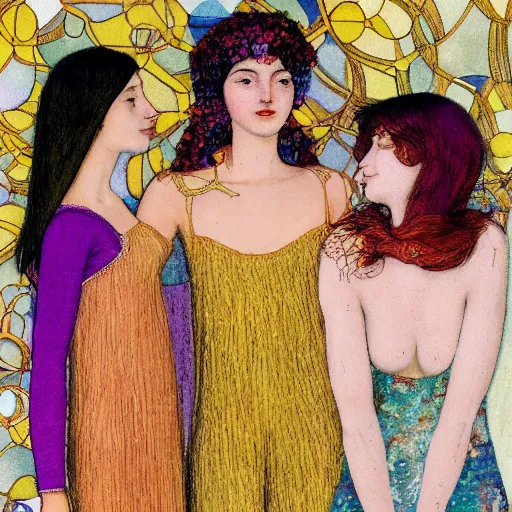 Prompt: The art installation is a beautiful work of art. The three graces are depicted as beautiful young women, each with their own unique charms. The art installation is full of color and life, and the women seem to radiate happiness and joy. hot, Tumblr by László Moholy-Nagy, by Carlos Schwabe relaxed, ultradetailed