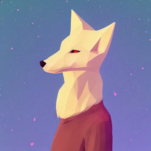 Prompt: aesthetic albino fox fursona portrait, commission of a anthropomorphic lion on fire, fursona wearing stylish clothes, winter armosphere, pastel simple art, low poly