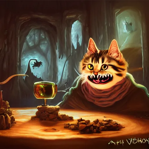 Image similar to Oil Painting of Cat, Anthropomorphized, evil grin, brewing potion in witch Hut, magic the gathering artwork, horror, D&D, fantasy, cinematic lighting, centered, symmetrical, highly detailed, digital painting, artstation, concept art, smooth, sharp focus, illustration, volumetric lighting, epic Composition, 8k, art by Akihiko Yoshida and Greg Rutkowski and Craig Mullins, oil painting, cgsociety