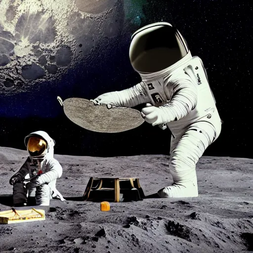 Image similar to photo of a detailed, realistic, regular sized, sitting idle fender electric guitar next to a sitting idle beer can and an astronaut sitting down on the moon surface. detailed photo. realistic photo. cinematic. cinematic shot