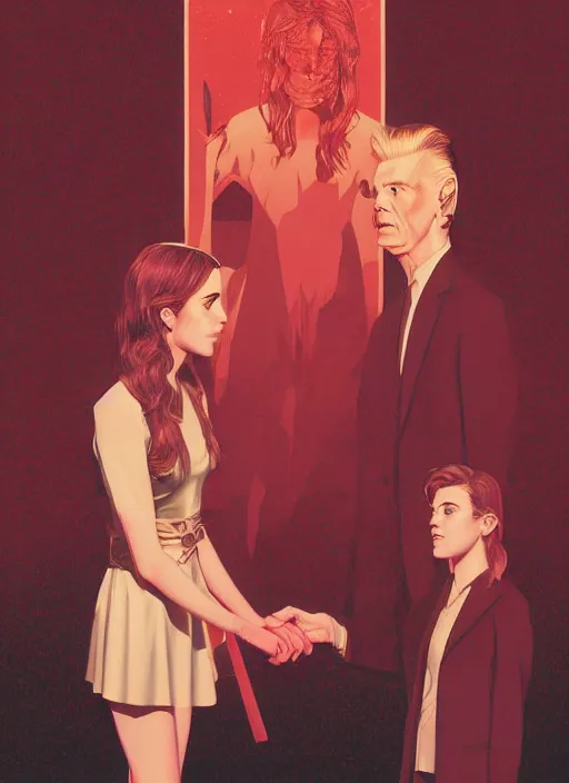 Image similar to Twin Peaks movie poster artwork by Michael Whelan and Tomer Hanuka, Rendering of Emma Watson & Kiernan Shipka meeting David Bowie the god spirit, from a scene from Twin Peaks, clean, full of detail, Matte painting, trending on artstation and unreal engine