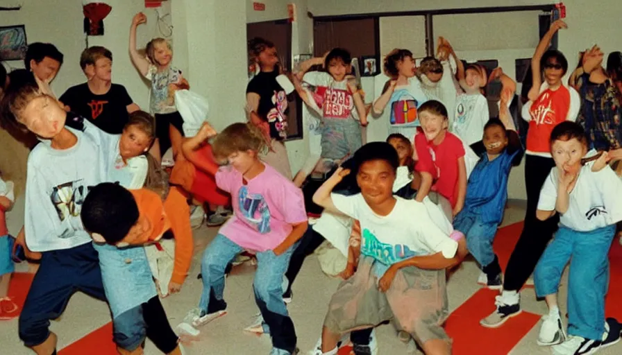 Prompt: 1990s candid photo of Terry the discount whale bird teaching a middle school class how to break dance, cinematic, UHD