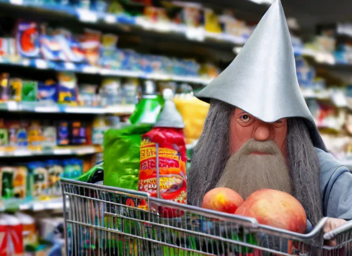 Image similar to photo of Gandalf wearing wizard hat, stacking supermarket shelves, depressing, sad, 85mm f1.8