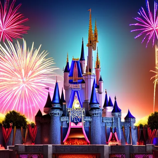 Image similar to digital art of disney world castle with fireworks in the background, trending on artstation