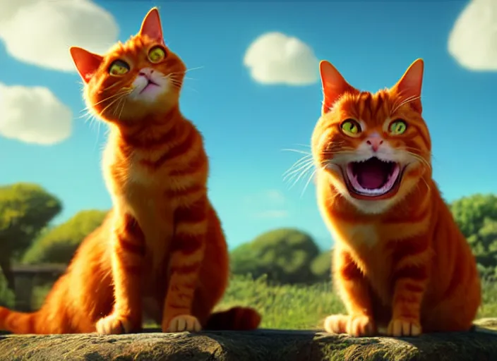Prompt: a portrait of ginger cat yawning, close up, studio ghibli, pixar and disney animation, sharp, rendered in unreal engine 5, clear sky, anime key art by greg rutkowski, bloom, dramatic lighting