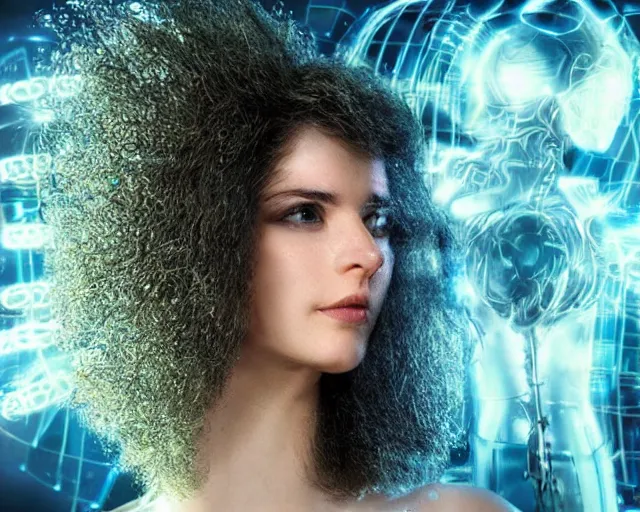 Image similar to glowing hair, complex cybernetic beings, beautiful hairy humanoids, cybermagnetosphere, cybernetic civilizations, ornate hair, love, joy, vortexes, large arrays, data holograms, 8 k, cinematic light shadows, wet hdr refractions, *, * * *, * * * * *