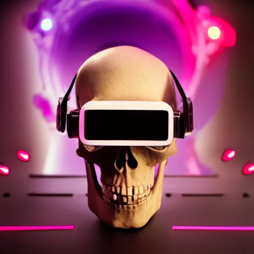 Prompt: a skull with a vr headset in a cyberpunk aesthetic, 4 k, with the word pixel written on the headset