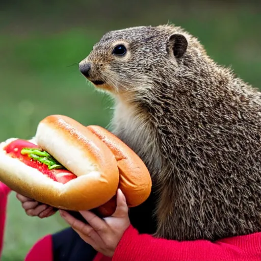 Image similar to a groundhog eating a hot dog