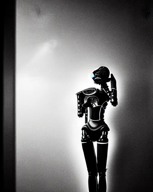 Image similar to black and white high quality photo of a beautiful female AI vegetal-cyborg looking into a sci-fi mirror, volumetric lighting, liminal space, brutalism, foggy, dreamy, shiny, hyperdetailed, bokeh, photorealistic, cinematic, masterpiece, Metropolis, elegant, dark, by Man Ray in the style of Horst P. Horst, octane render, 8K,