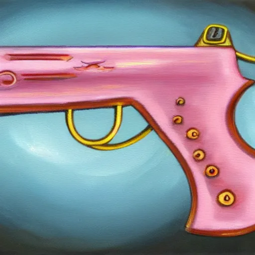 Prompt: lovecraftian pistol, light pink, Japanese style, cute, oil painting