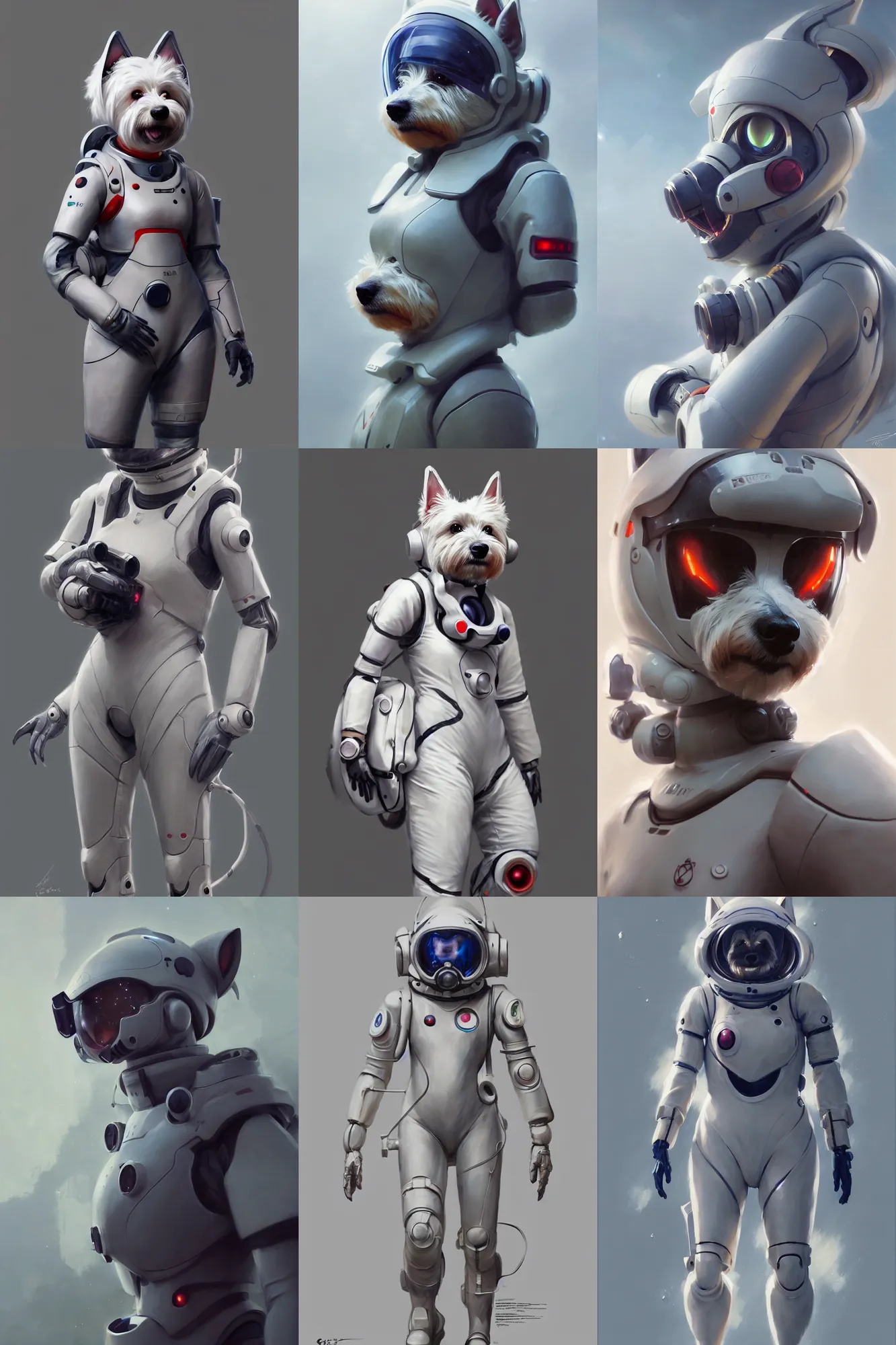 Prompt: hyper realistic painting of an anthropomorphic westie in an eva plugsuit, hyper detailed face, anime, concept art, 4 k, by greg rutkowski, trending on artstation