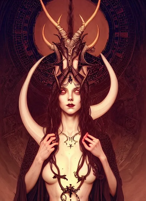 Prompt: a beautiful illustration of a satanic witch with horns in head offering a cryptic chalice, intricate, sharp focus, illustration, highly detailed, digital painting, concept art, matte, art by WLOP and Artgerm and Greg Rutkowski and Alphonse Mucha, masterpiece