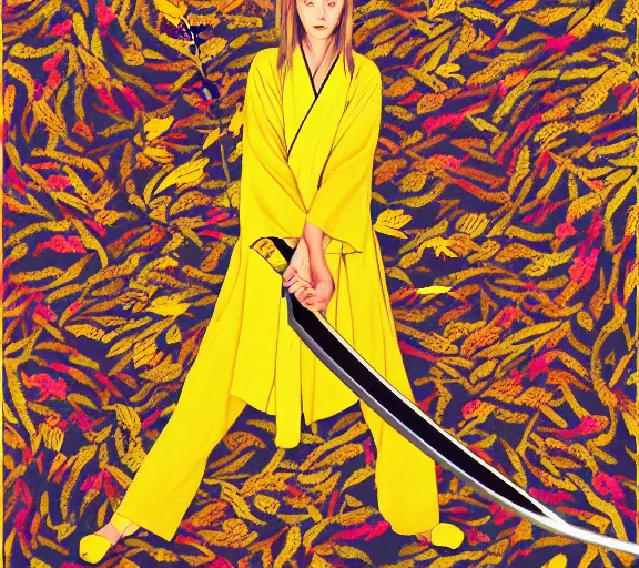 Image similar to breathtaking detailed pattern pastel colors, action scene from kill bill, with uma thurman ( kill bill ) in yellow kimono, swinging katana sword and autumn leaves, fuji, by hsiao - ron cheng, exquisite detail, enhanced eye detail