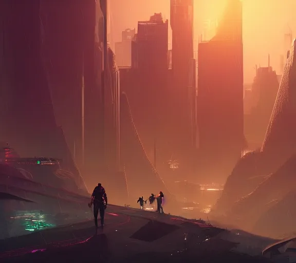 Image similar to cyberpunk fantasy world with beautiful sunse, amazing digital art, trending on artstation