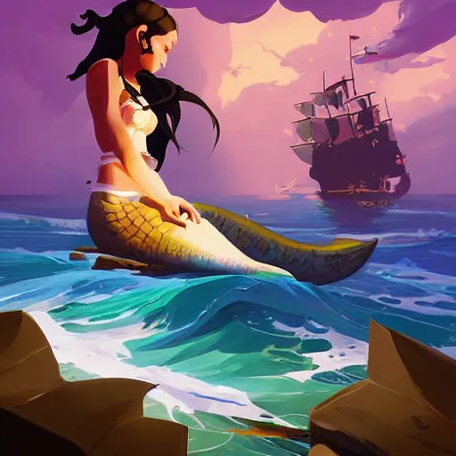 Image similar to painting mermaid treasure on sea of thieves game avatar hero smooth face median photoshop filter cutout vector, behance hd by jesper ejsing, by rhads, makoto shinkai and lois van baarle, ilya kuvshinov, rossdraws global illumination